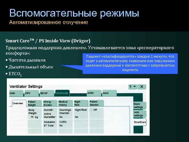 Вспомогательные режимы Автоматизированное отлучение Smart Care. TM / PS Inside View (Dräger) Традиционная поддержка