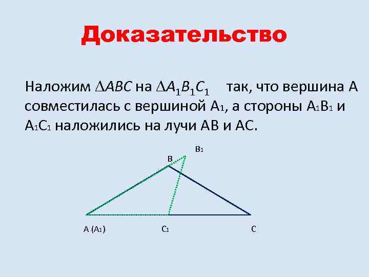 Доказательство Наложим ABC на A 1 B 1 C 1 так, что вершина А