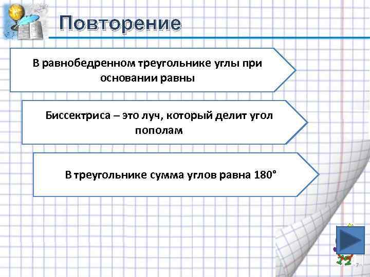 Повторение В равнобедренном треугольнике углы при основании равны Биссектриса – это луч, который делит
