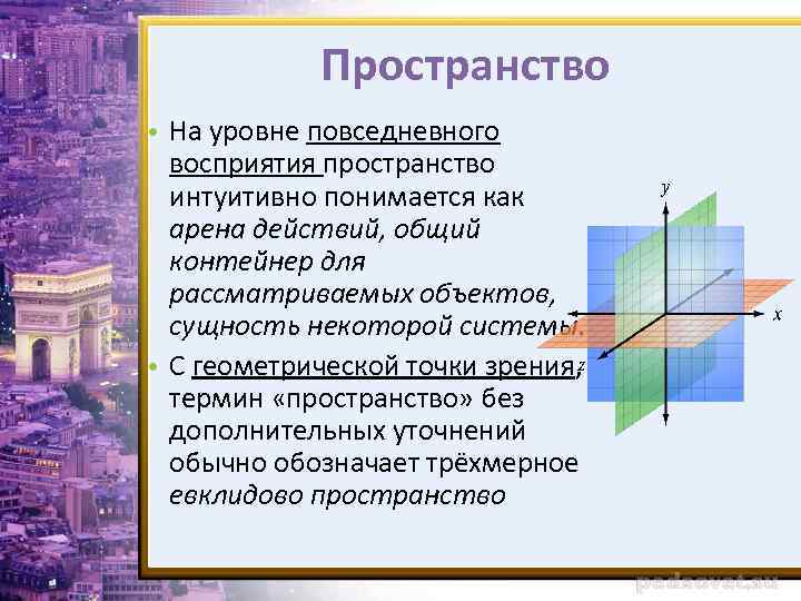 Пространство • На уровне повседневного восприятия пространство интуитивно понимается как арена действий, общий контейнер