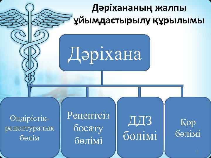 Дәріхананың жалпы ұйымдастырылу құрылымы Дәріхана Өндірістікрецептуралық бөлім Рецептсіз босату бөлімі ДДЗ бөлімі Қор бөлімі