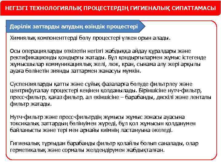 НЕГІЗГІ ТЕХНОЛОГИЯЛЫҚ ПРОЦЕСТЕРДІҢ ГИГИЕНАЛЫҚ СИПАТТАМАСЫ Дәрілік заттарды алудың өзіндік процестері Химиялық компоненттерді бөлу процестері