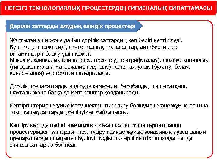 НЕГІЗГІ ТЕХНОЛОГИЯЛЫҚ ПРОЦЕСТЕРДІҢ ГИГИЕНАЛЫҚ СИПАТТАМАСЫ Дәрілік заттарды алудың өзіндік процестері Жартылай өнім және дайын