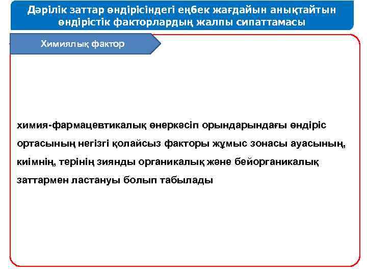 Дәрілік заттар өндірісіндегі еңбек жағдайын анықтайтын өндірістік факторлардың жалпы сипаттамасы Химиялық фактор химия-фармацевтикалық өнеркәсіп