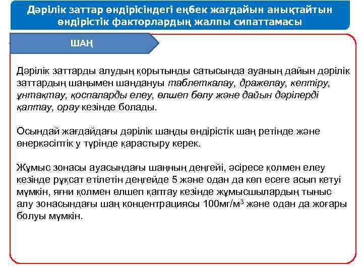 Дәрілік заттар өндірісіндегі еңбек жағдайын анықтайтын өндірістік факторлардың жалпы сипаттамасы ШАҢ Дәрілік заттарды алудың