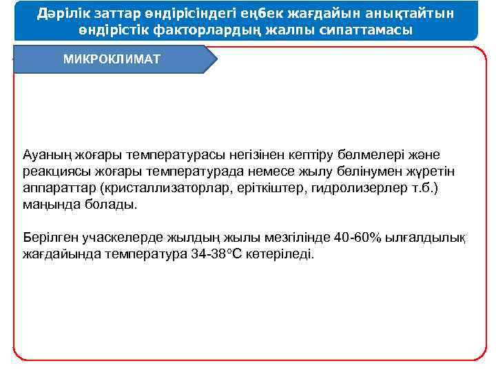 Дәрілік заттар өндірісіндегі еңбек жағдайын анықтайтын өндірістік факторлардың жалпы сипаттамасы МИКРОКЛИМАТ Ауаның жоғары температурасы