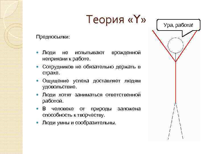 Теория «Y» Предпосылки: Люди не испытывают неприязни к работе. врожденной Сотрудников не обязательно держать