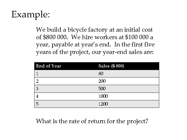 Example: We build a bicycle factory at an initial cost of $800 000. We