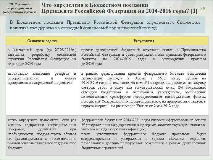 III. Основные характеристики федерального бюджета Что определено в Бюджетном послании Президента Российской Федерации на