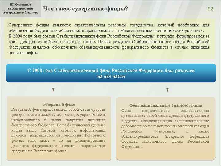 III. Основные характеристики федерального бюджета Что такое суверенные фонды? 92 Суверенные фонды являются стратегическим