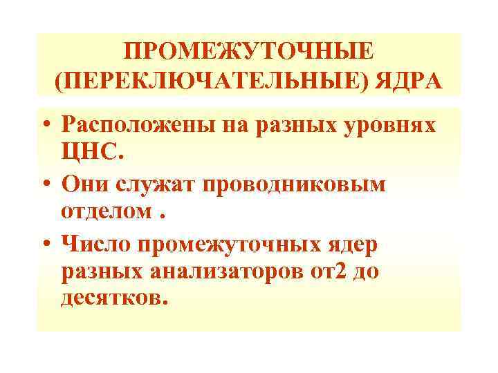 ПРОМЕЖУТОЧНЫЕ (ПЕРЕКЛЮЧАТЕЛЬНЫЕ) ЯДРА • Расположены на разных уровнях ЦНС. • Они служат проводниковым отделом.