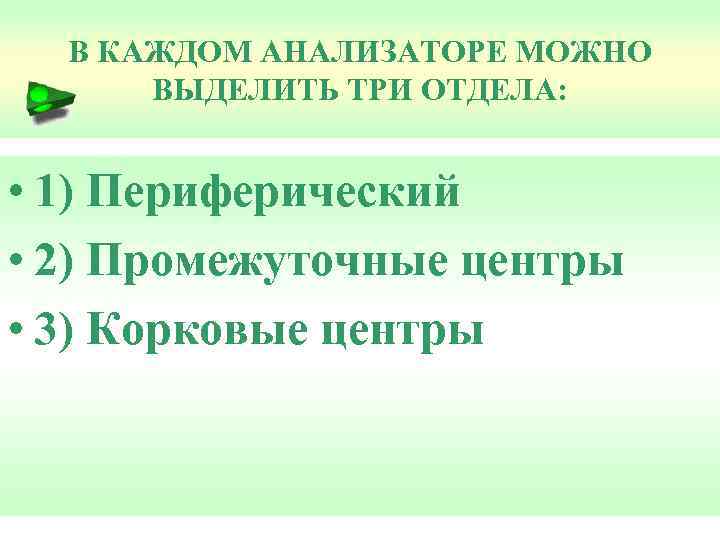 В КАЖДОМ АНАЛИЗАТОРЕ МОЖНО ВЫДЕЛИТЬ ТРИ ОТДЕЛА: • 1) Периферический • 2) Промежуточные центры