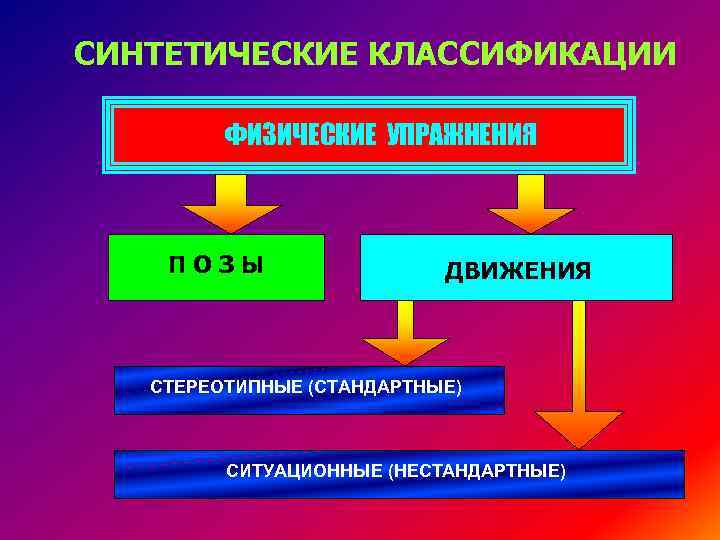 СИНТЕТИЧЕСКИЕ КЛАССИФИКАЦИИ ФИЗИЧЕСКИЕ УПРАЖНЕНИЯ ПОЗЫ ДВИЖЕНИЯ СТЕРЕОТИПНЫЕ (СТАНДАРТНЫЕ) СИТУАЦИОННЫЕ (НЕСТАНДАРТНЫЕ) 