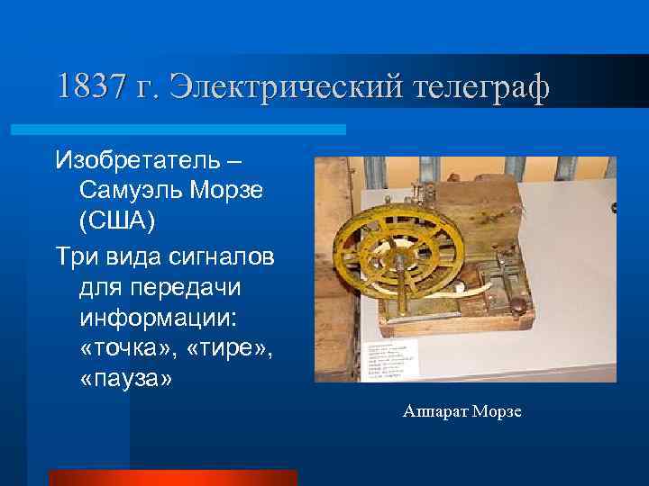 1837 г. Электрический телеграф Изобретатель – Самуэль Морзе (США) Три вида сигналов для передачи