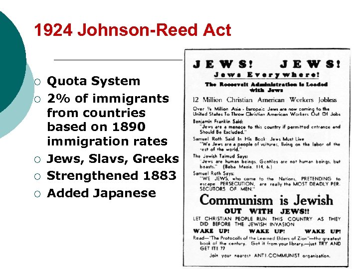 1924 Johnson-Reed Act ¡ ¡ ¡ Quota System 2% of immigrants from countries based