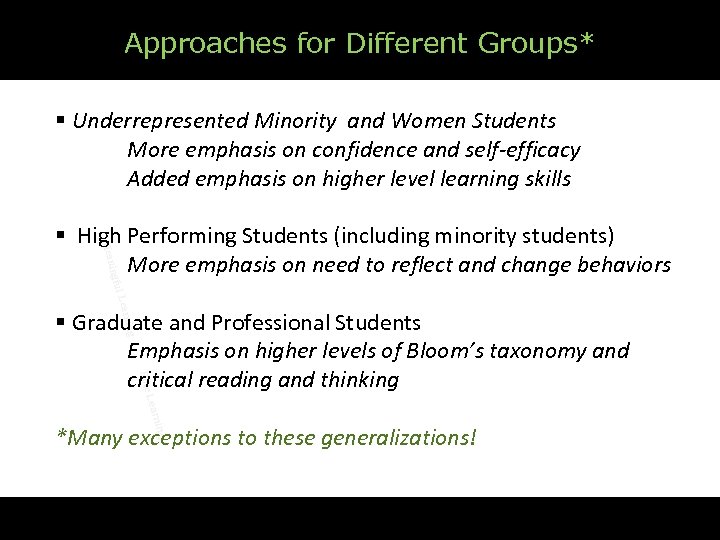 Approaches for Different Groups* § Underrepresented Minority and Women Students More emphasis on confidence