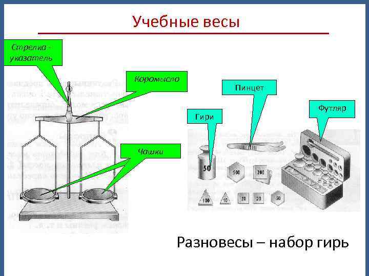 Учебные весы Стрелка указатель Коромысло Пинцет Гири Футляр Чашки Разновесы – набор гирь 