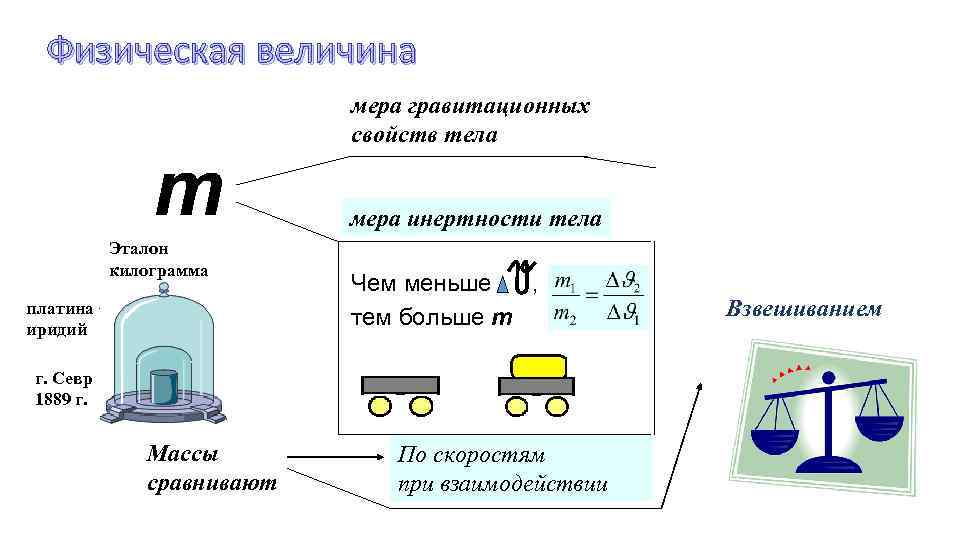 Физическая величина m Эталон килограмма платина + иридий мера гравитационных свойств тела мера инертности