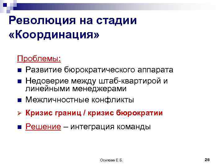 Революция на стадии «Координация» Проблемы: n Развитие бюрократического аппарата n Недоверие между штаб-квартирой и