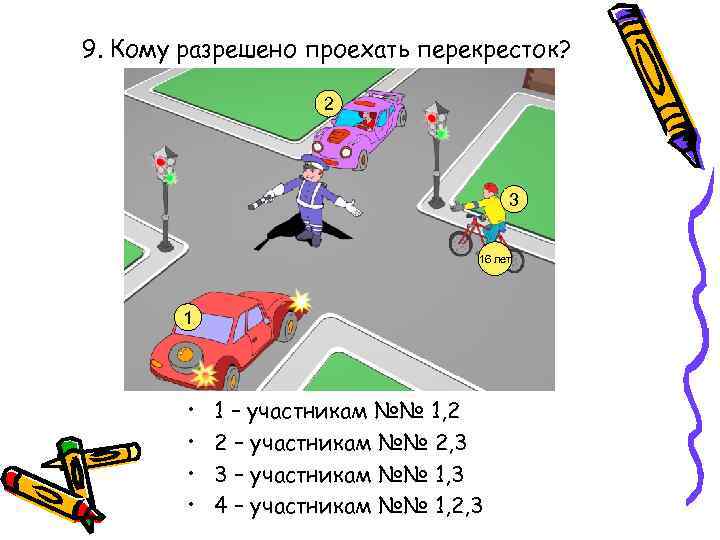 9. Кому разрешено проехать перекресток? 2 3 16 лет 1 • • 1 –
