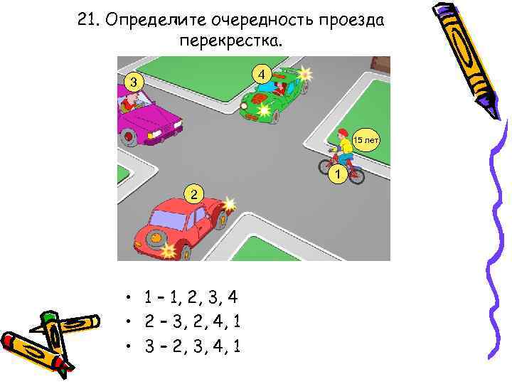 21. Определите очередность проезда перекрестка. 4 3 15 лет 1 2 • 1 –