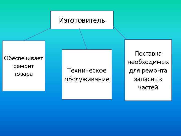 Изготовитель Обеспечивает ремонт товара Техническое обслуживание Поставка необходимых для ремонта запасных частей 