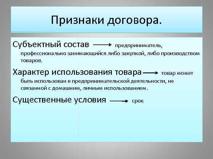 Признаки договора. Субъектный состав предприниматель, профессионально занимающийся либо закупкой, либо производством товаров. Характер использования