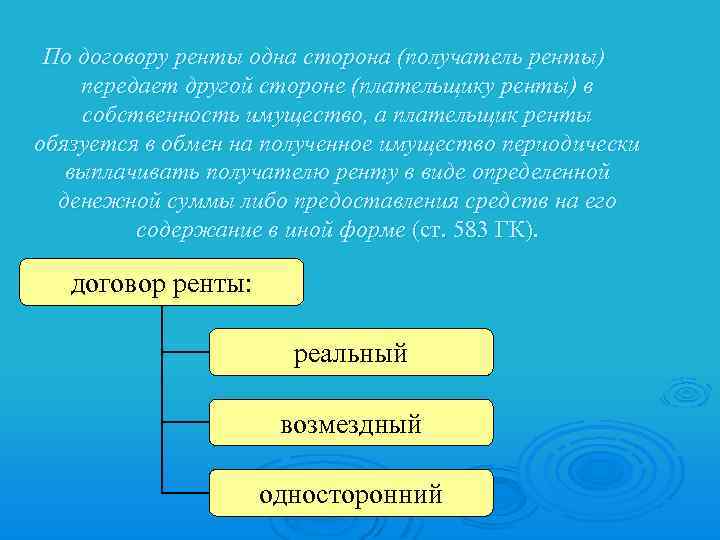 По договору ренты одна сторона (получатель ренты) передает другой стороне (плательщику ренты) в собственность