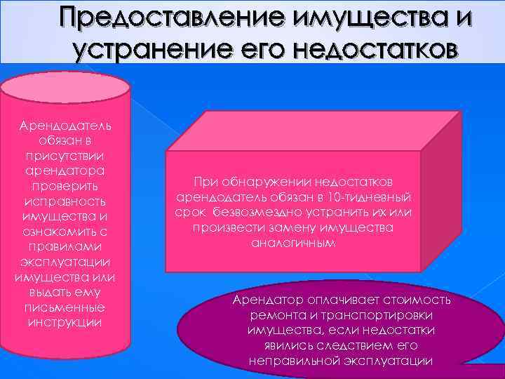 Предоставление имущества и устранение его недостатков Арендодатель обязан в присутствии арендатора проверить исправность имущества