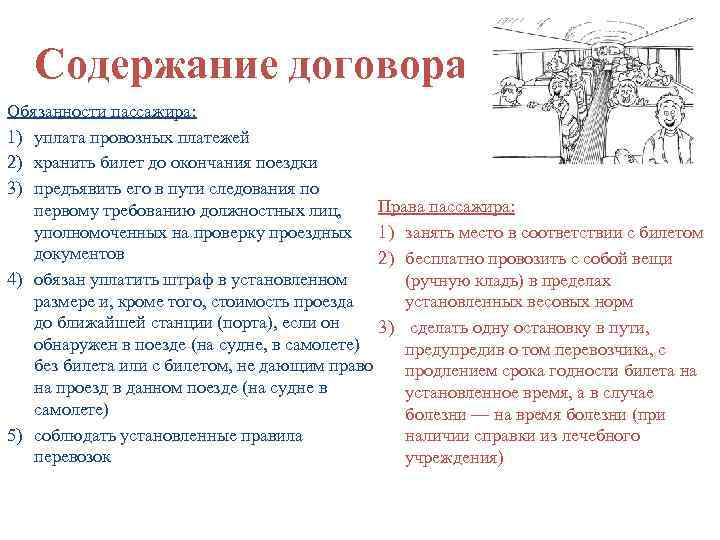 Содержание договора Обязанности пассажира: 1) уплата провозных платежей 2) хранить билет до окончания поездки