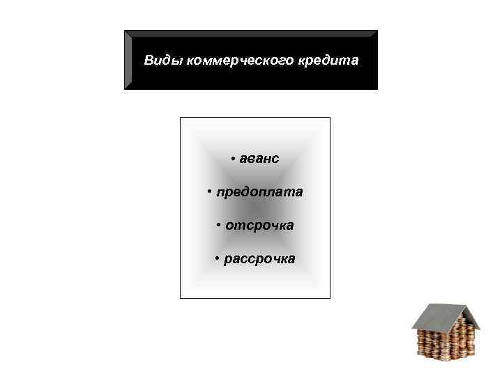 Виды коммерческого кредита • аванс • предоплата • отсрочка • рассрочка 