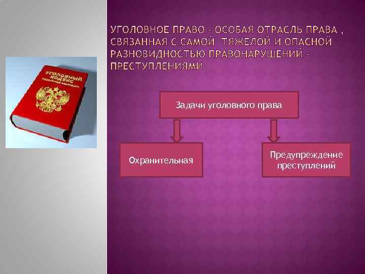 Задачи уголовного права Охранительная Предупреждение преступлений 
