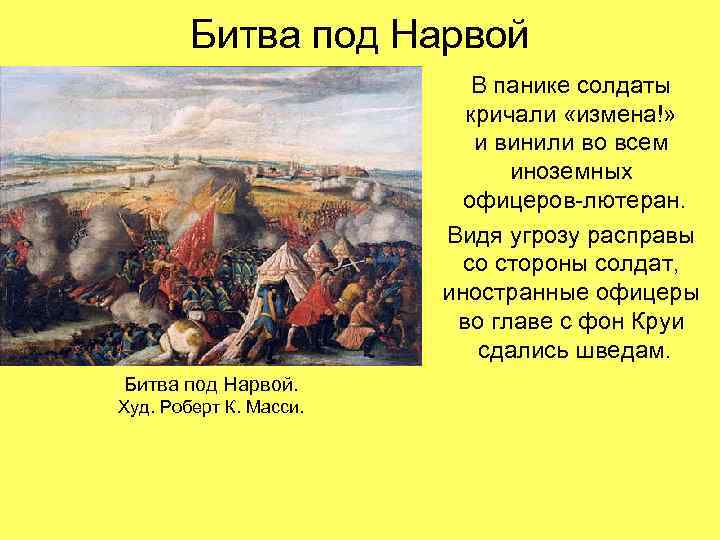 Битва под Нарвой В панике солдаты кричали «измена!» и винили во всем иноземных офицеров-лютеран.