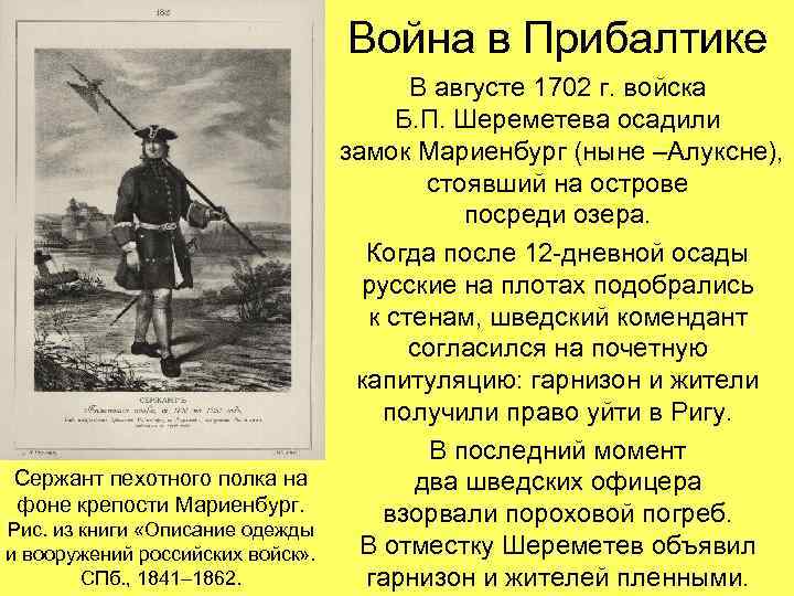 Война в Прибалтике Сержант пехотного полка на фоне крепости Мариенбург. Рис. из книги «Описание