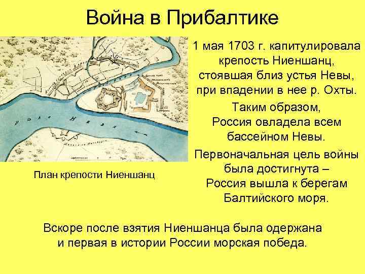 Война в Прибалтике План крепости Ниеншанц 1 мая 1703 г. капитулировала крепость Ниеншанц, стоявшая