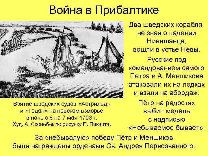 Война в Прибалтике Два шведских корабля, не зная о падении Ниеншанца, вошли в устье