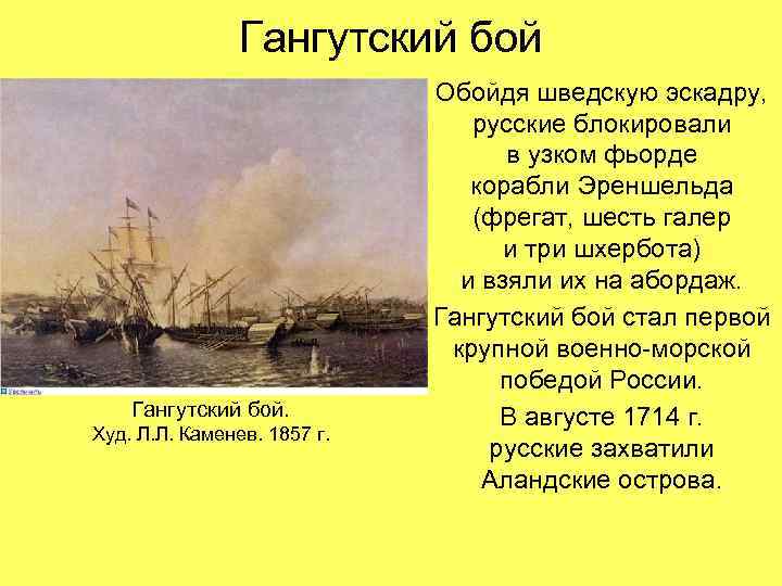 Гангутский бой. Худ. Л. Л. Каменев. 1857 г. Обойдя шведскую эскадру, русские блокировали в