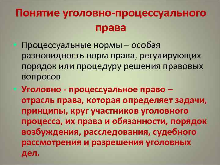 Понятие уголовно-процессуального права • Процессуальные нормы – особая разновидность норм права, регулирующих порядок или