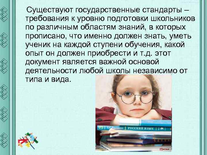 Существуют государственные стандарты – требования к уровню подготовки школьников по различным областям знаний, в