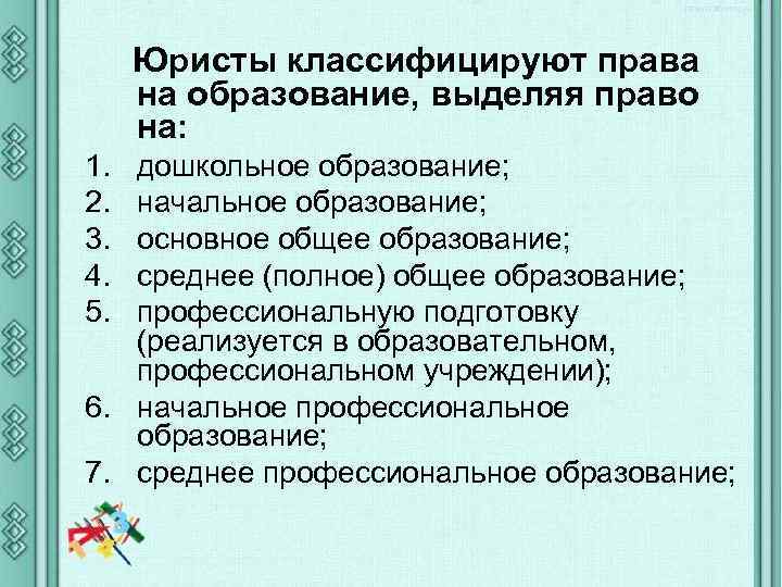 Юристы классифицируют права на образование, выделяя право на: 1. 2. 3. 4. 5. дошкольное
