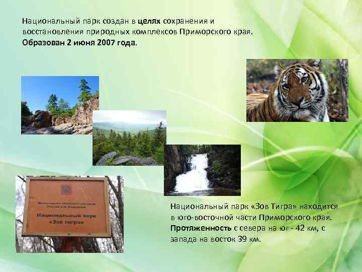 Национальный парк создан в целях сохранения и восстановления природных комплексов Приморского края. Образован 2