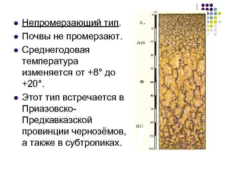 l l Непромерзающий тип. Почвы не промерзают. Среднегодовая температура изменяется от +8° до +20°.