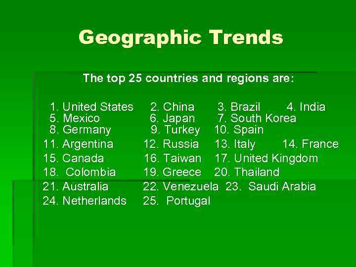 Geographic Trends The top 25 countries and regions are: 1. United States 2. China