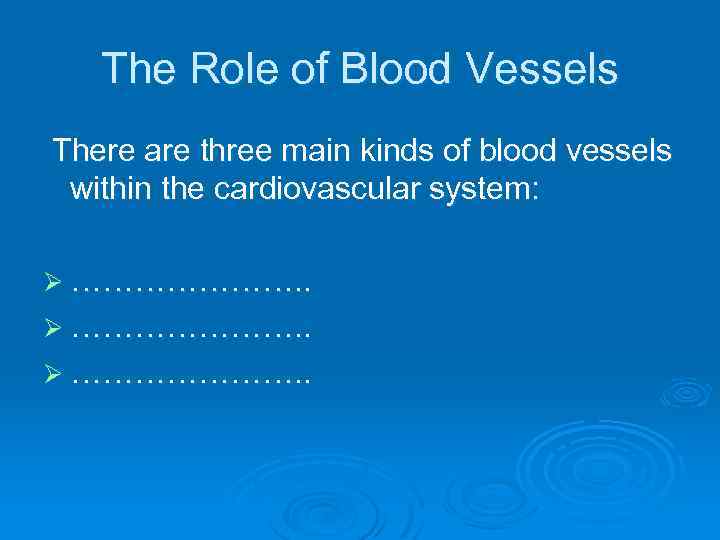 The Role of Blood Vessels There are three main kinds of blood vessels within