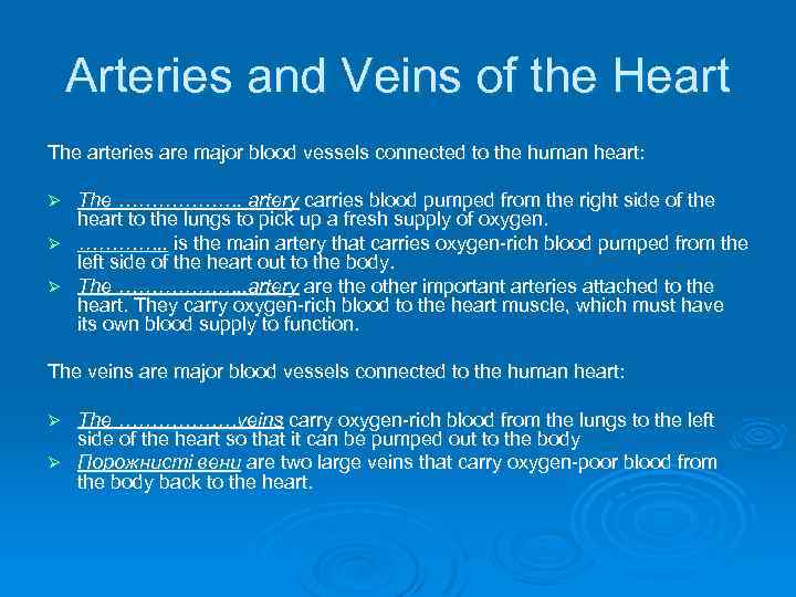 Arteries and Veins of the Heart The arteries are major blood vessels connected to