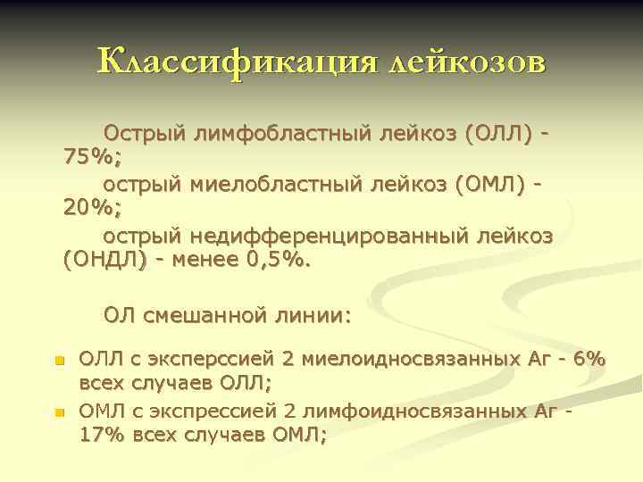 Классификация лейкозов Острый лимфобластный лейкоз (ОЛЛ) 75%; острый миелобластный лейкоз (ОМЛ) 20%; острый недифференцированный