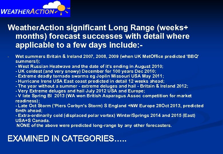 Weather. Action significant Long Range (weeks+ months) forecast successes with detail where applicable to