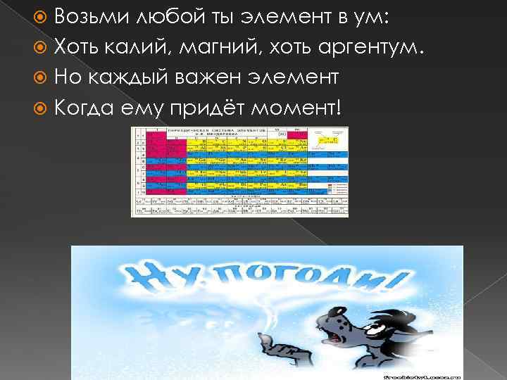 Возьми любой ты элемент в ум: Хоть калий, магний, хоть аргентум. Но каждый важен