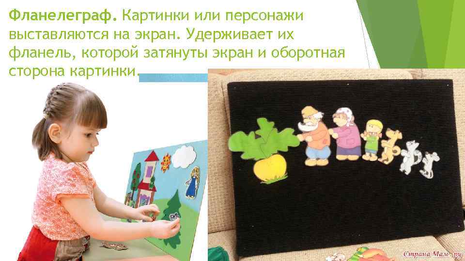 Фланелеграф. Картинки или персонажи выставляются на экран. Удерживает их фланель, которой затянуты экран и