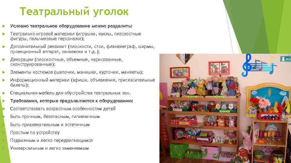 Театральный уголок Условно театральное оборудование можно разделить: Театрально-игровой материал (игрушки, куклы, плоскостные фигуры, пальчиковые